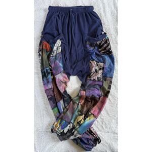 Tie Dye Cotton Women’s Harem Pants Patchwork Blue One Size Button Pockets